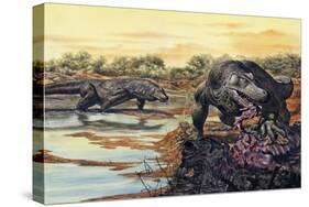 Megalania (Giant Monitor Lizard) Eating His Prey, Pleistocene Epoch-null-Stretched Canvas