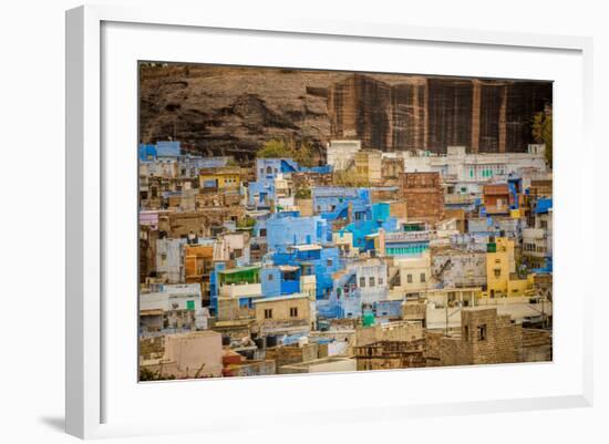 Mehrangarh Fort Towering over the Blue Rooftops in Jodhpur, the Blue City, Rajasthan, India, Asia-Laura Grier-Framed Photographic Print