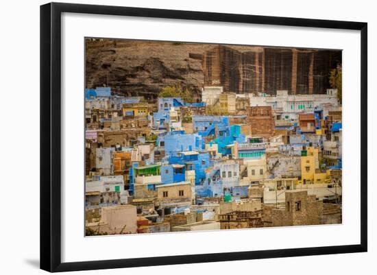 Mehrangarh Fort Towering over the Blue Rooftops in Jodhpur, the Blue City, Rajasthan, India, Asia-Laura Grier-Framed Photographic Print