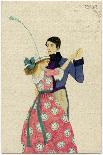 Woman Wears a Coat or Mantle in a Bold Oriental Print with a Deep Fur Border-Mela Koehler-Mounted Art Print