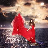Girl in Red Dress Standing on Ocean Rocks-Melpomene-Framed Photographic Print