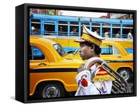 Member of a Music Band. Streets of Kolkata. India-Mauricio Abreu-Framed Stretched Canvas