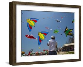 Member of Indonesia Kite Team Flies Kite with Series of Colorful Bird Sales, Vung Tau City, Vietnam-null-Framed Photographic Print