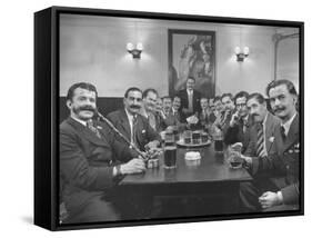 Members of Handlebar Club Sitting at Table and Having Formal Beer Session-Nat Farbman-Framed Stretched Canvas