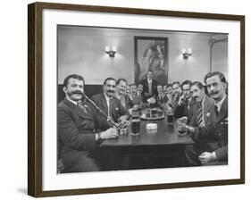 Members of Handlebar Club Sitting at Table and Having Formal Beer Session-Nat Farbman-Framed Photographic Print