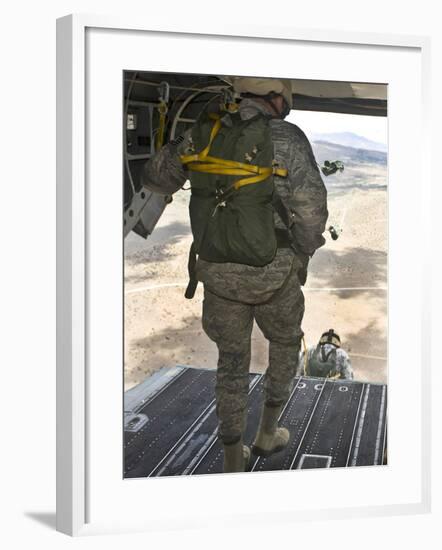 Members of the 820th Red Horse Squadron Jump from a CH-47 Chinook-Stocktrek Images-Framed Photographic Print