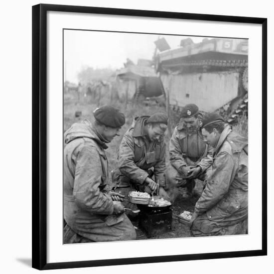 Members of the British 49th Armoured Personnel Carrier Regiment Cooking on the Side of a Road-George Silk-Framed Photographic Print