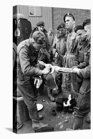 Members of the British 49th Armoured Personnel Carrier Regiment Skin a Rabbit for a Meal-George Silk-Stretched Canvas