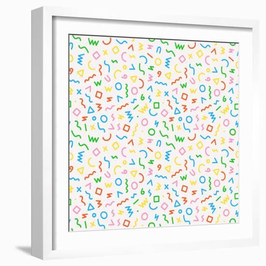 Memphis Style Seamless Pattern. Abstract Vector Illustration with Geometric Elements, Shapes.-Physicx-Framed Art Print