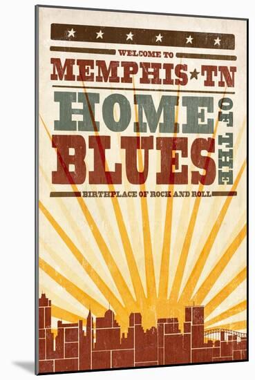 Memphis, Tennessee - Skyline and Sunburst Screenprint Style-Lantern Press-Mounted Art Print