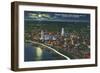 Memphis, TN, Moonlit Aerial View of City with Mississippi River and Riverside Drive-Lantern Press-Framed Art Print