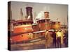 Men at pier looking at 3 Tugboats, One Named "Courageous" with Crewmen on Deck-Andreas Feininger-Stretched Canvas