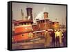 Men at pier looking at 3 Tugboats, One Named "Courageous" with Crewmen on Deck-Andreas Feininger-Framed Stretched Canvas