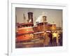 Men at pier looking at 3 Tugboats, One Named "Courageous" with Crewmen on Deck-Andreas Feininger-Framed Photographic Print