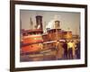 Men at pier looking at 3 Tugboats, One Named "Courageous" with Crewmen on Deck-Andreas Feininger-Framed Photographic Print