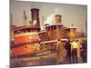 Men at pier looking at 3 Tugboats, One Named "Courageous" with Crewmen on Deck-Andreas Feininger-Mounted Photographic Print