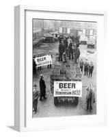 Men Atop Beer Delivery Truck Hoist Cases of Beer Triumphantly While Man Repeal of Prohibition-null-Framed Photographic Print