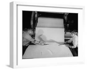 Men Cutting Sheet of Newly Manufactured Rubber-null-Framed Photographic Print