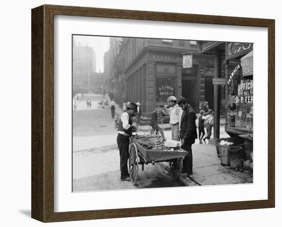 Men Eating Fresh Clams from a Pushcart Peddler in NYC's Italian Quarter-null-Framed Photo