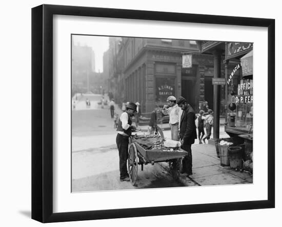 Men Eating Fresh Clams from a Pushcart Peddler in NYC's Italian Quarter-null-Framed Photo