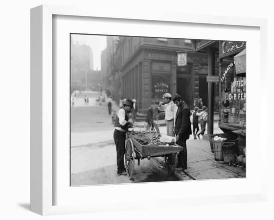 Men Eating Fresh Clams from a Pushcart Peddler in NYC's Italian Quarter-null-Framed Photo