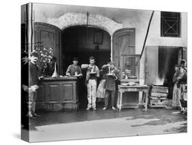 Men Eating Long Spaghetti at a Street Food Shop in Naples, Italy, Ca. 1900-null-Stretched Canvas