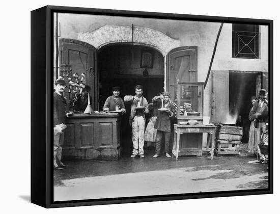 Men Eating Long Spaghetti at a Street Food Shop in Naples, Italy, Ca. 1900-null-Framed Stretched Canvas