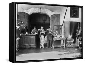 Men Eating Long Spaghetti at a Street Food Shop in Naples, Italy, Ca. 1900-null-Framed Stretched Canvas