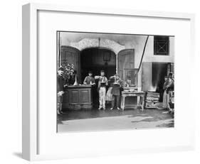 Men Eating Long Spaghetti at a Street Food Shop in Naples, Italy, Ca. 1900-null-Framed Photo