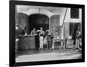 Men Eating Long Spaghetti at a Street Food Shop in Naples, Italy, Ca. 1900-null-Framed Photo