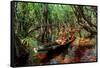 Men from the Yanomami tribe in a canoe, southern Venezuela-Michael Runkel-Framed Stretched Canvas