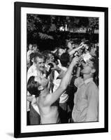 Men Having a Beer Drinking Contest at the Company Picnic-Allan Grant-Framed Photographic Print