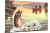 Men in Canoe Hooking Large Fish-null-Mounted Art Print