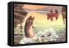 Men in Canoe Hooking Large Fish-null-Framed Stretched Canvas