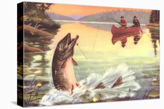 Men in Canoe Hooking Large Fish-null-Stretched Canvas