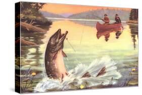 Men in Canoe Hooking Large Fish-null-Stretched Canvas