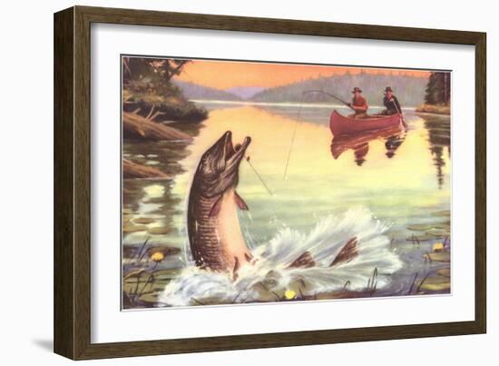 Men in Canoe Hooking Large Fish-null-Framed Art Print