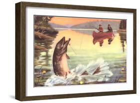 Men in Canoe Hooking Large Fish-null-Framed Art Print