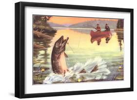 Men in Canoe Hooking Large Fish-null-Framed Art Print