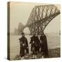 Men in Highland Dress in Front of the Forth Bridge, Scotland-Underwood & Underwood-Stretched Canvas