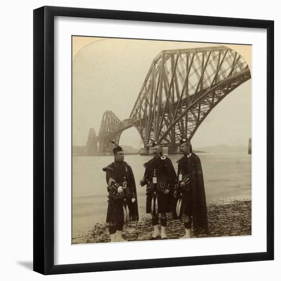 Men in Highland Dress in Front of the Forth Bridge, Scotland-Underwood & Underwood-Framed Photographic Print