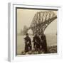 Men in Highland Dress in Front of the Forth Bridge, Scotland-Underwood & Underwood-Framed Photographic Print