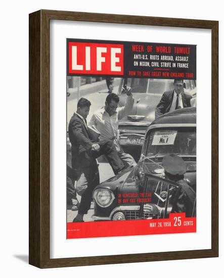 Men Kicking Car of Vice Pres Richard Nixon, South American Goodwill Trip, Venezuela, May 26, 1958-Paul Schutzer-Framed Photographic Print