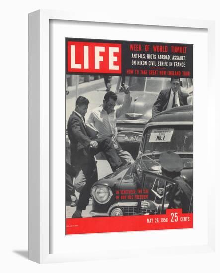 Men Kicking Car of Vice Pres Richard Nixon, South American Goodwill Trip, Venezuela, May 26, 1958-Paul Schutzer-Framed Photographic Print