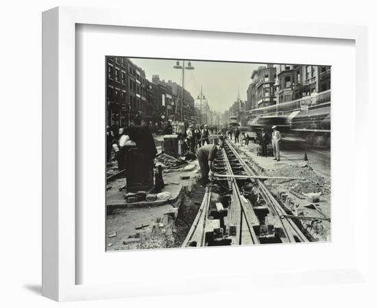 Men Laying Tramlines in the Middle of the Road, Whitechapel High Street, London, 1929-null-Framed Photographic Print