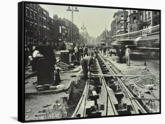 Men Laying Tramlines in the Middle of the Road, Whitechapel High Street, London, 1929-null-Framed Stretched Canvas