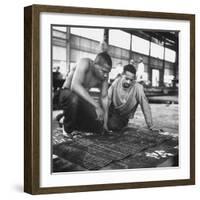 Men Looking at Blueprints at One of the Sun Shipbuilding and Drydock Co. Shipyards-null-Framed Photographic Print