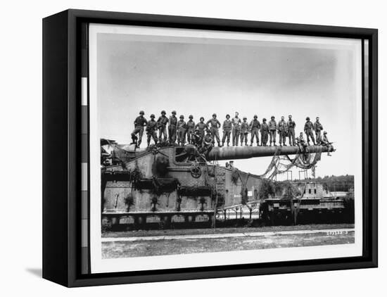 Men of US Army Easily Standing on Barrel of Mammoth 274 Mm Railroad Gun During WWII-Pat W^ Kohl-Framed Stretched Canvas