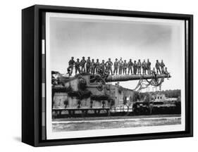 Men of US Army Easily Standing on Barrel of Mammoth 274 Mm Railroad Gun During WWII-Pat W^ Kohl-Framed Stretched Canvas