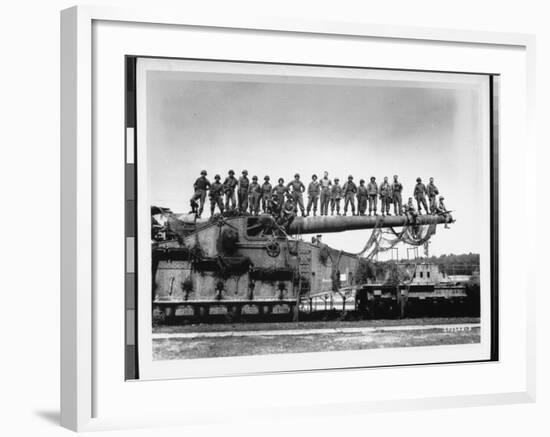 Men of US Army Easily Standing on Barrel of Mammoth 274 Mm Railroad Gun During WWII-Pat W^ Kohl-Framed Photographic Print